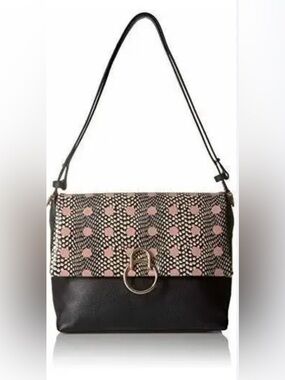 Vince Camuto Black Leather Foldover Shoulder Bag with Pink Printed Flap